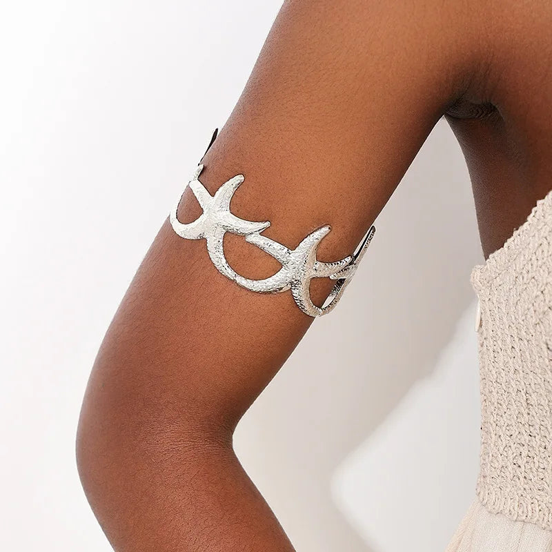 Bohemian Metal Starfish Open Arm Bracelet for Women String Leaf Wave Flower Ins Style Cuff Arm Bangle Beach Party Jewelry Gift