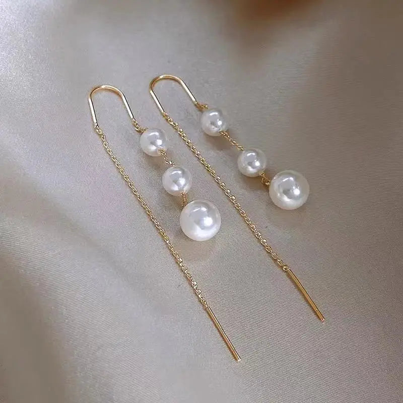 Korean Exquisite Imitation Pearl Tassel Drop Earring For Women Shiny  Zircon Flower Leaf Long Ear Line Geometric Earring Jewelry