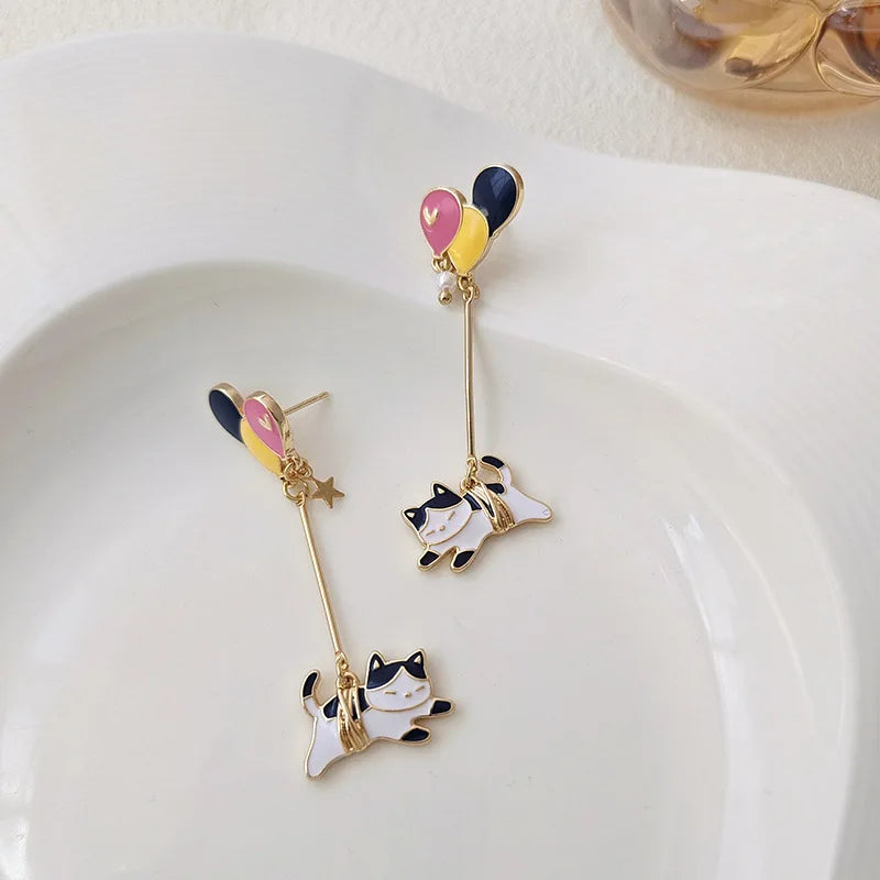 Cute Enamel Cat Balloon Stud Earrings for Women Fashion Drop Rabbit Flower Heart Colorful Jewelry Dangle Wedding Party Girl Gift