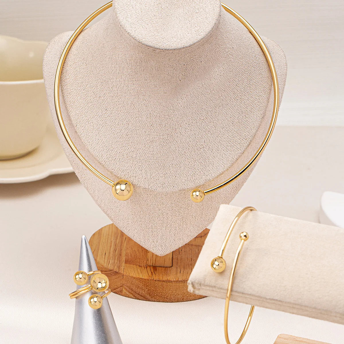 New Jewelry Set for Women Simple Asymmetric Geometric Beads Gold-plated Ring Bracelet Necklace Smooth Opening Accessories Gifts