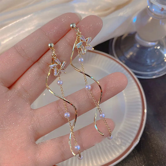 Temperament Crystal Star Tassel Drop Earrings For Women New Long Ear Line Bowknot Leaves Earrings Girls Wedding Party Jewelry