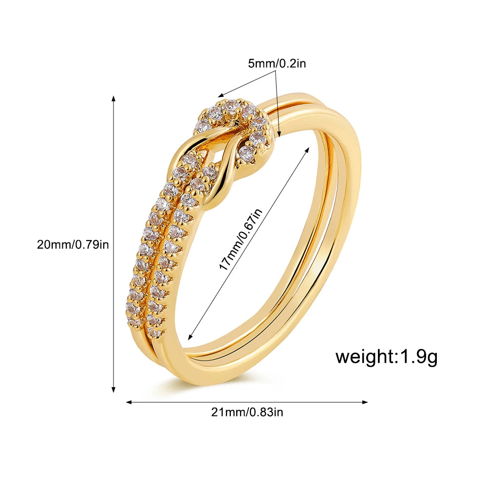Simple Bilayer Geometric Knot Couple Rings Luxury Shinny Zircon Bride Engagement Wed Jewelry Accessories
