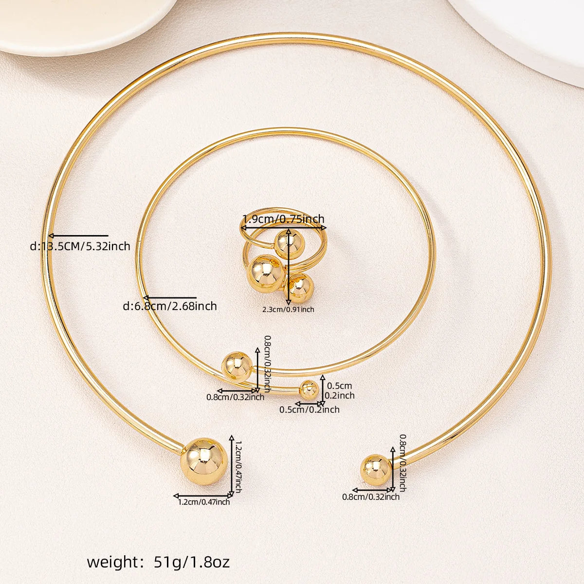 New Jewelry Set for Women Simple Asymmetric Geometric Beads Gold-plated Ring Bracelet Necklace Smooth Opening Accessories Gifts