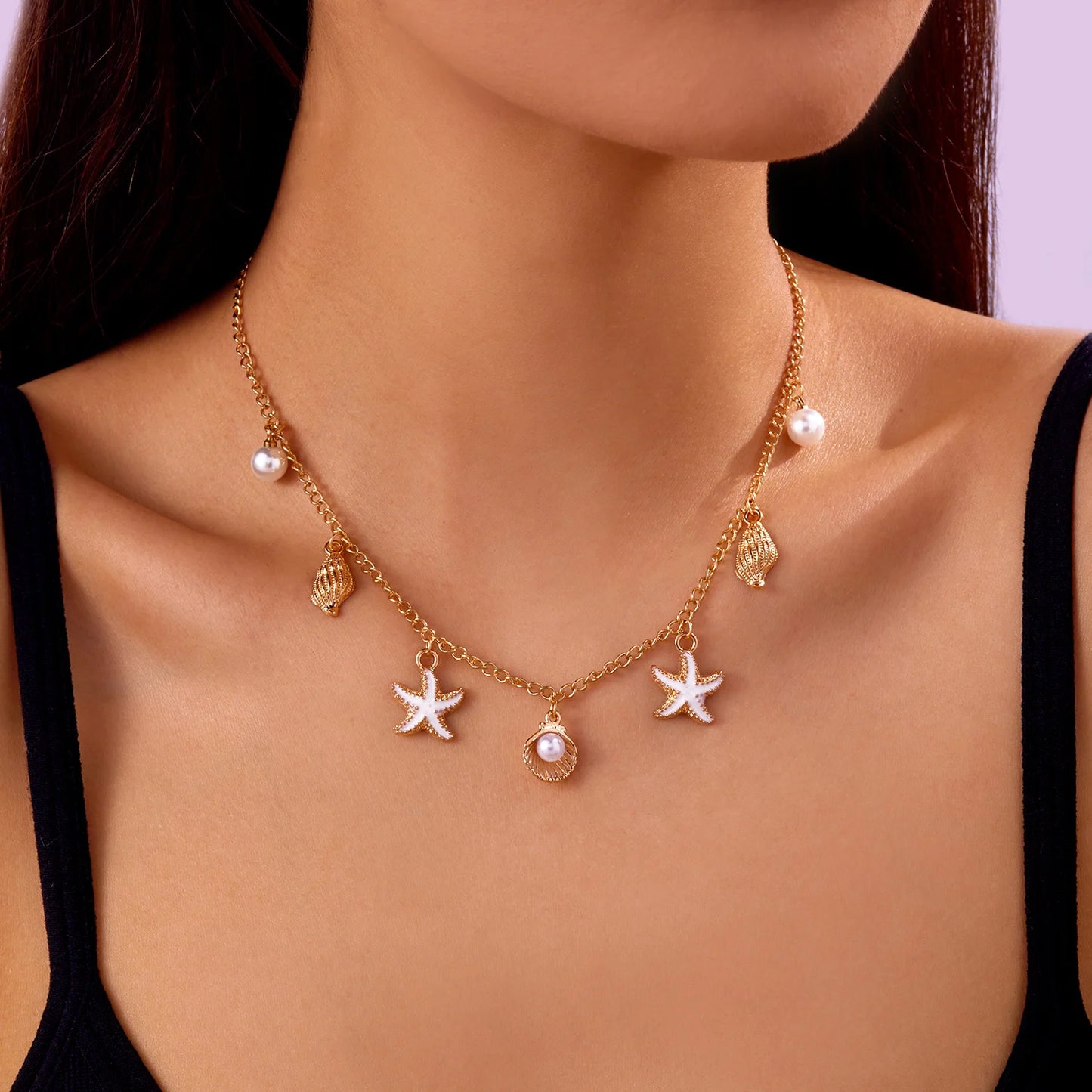 Bohemian Starfish Shell Conch Turtle Pendant Necklace for Women Imitation Pearl Charm Chain Necklace Beach Jewelry Vacation Gift