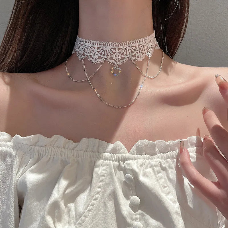 Fashion Choker Necklace For Women Sexy Black White Lace Stretch Strip Pendant Short Clavicle Gothic Necklace Aesthetic Jewelry