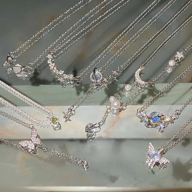 Y2K Shiny Star Necklace for Women Girls Silver Color Crystal Pendant Clavicle Chain Necklace Set Fashion New Trendy Party