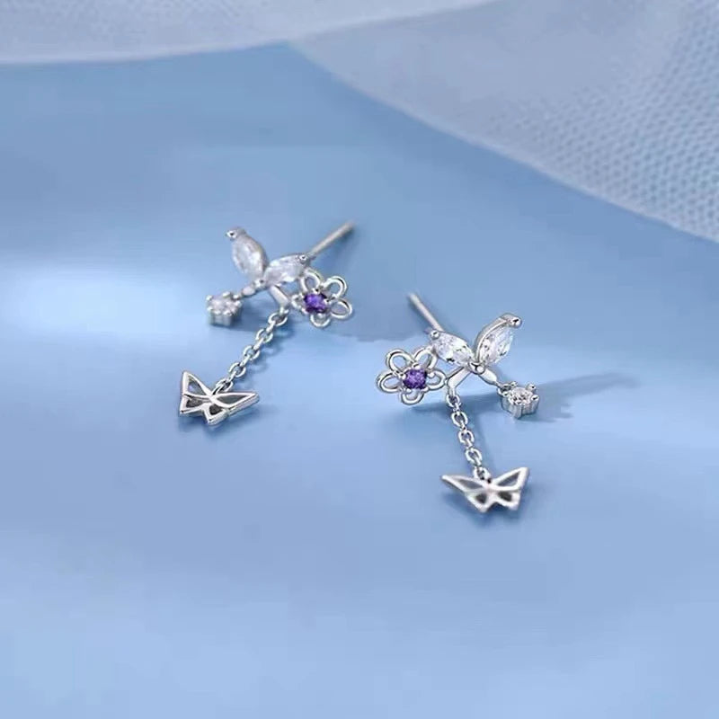 Exquisite Leaves Crystal Flower Stud Earrings For Women AAA Zircon Rose Butterfly Tassel Earring Bride Wedding Party Jewelry