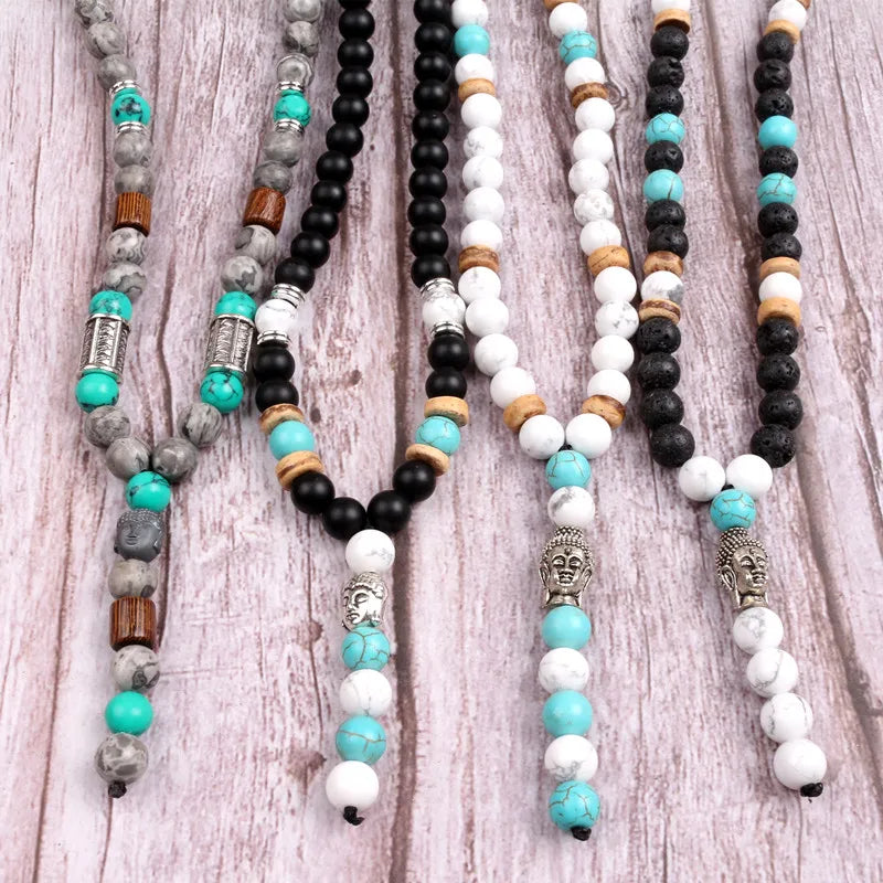 Natural Stone Beaded Necklace For Men Women Long Pendants Necklace Handmade Jewelry