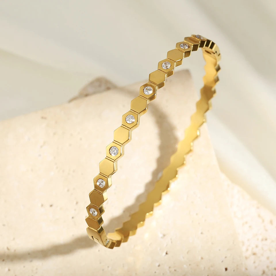 UILZ 316L Stainles Steel Open Hexagon Bracelet For Women High-quality Exquisite Zircon Inlay Simple Not Fading Bracelet Jewelry