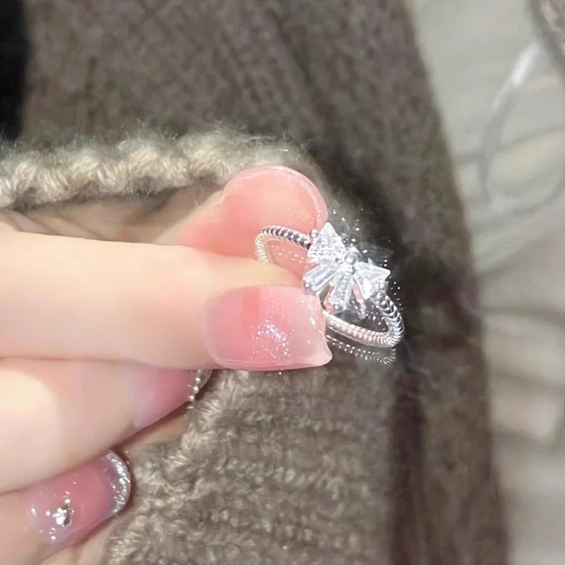 Y2K Sweet Bow Knot Zircon Ring Women Handmade Irregular Design Rings Girls Bow Openning Finger Ring Fashion Jewelry Friend Gifts