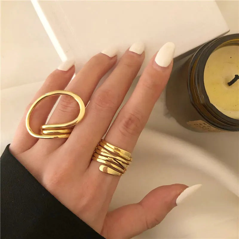2pcs Women Rings Exaggerated Lines Rings 2024 Fashion Simple Distorted Geometric Party Statement Jewelry Gift