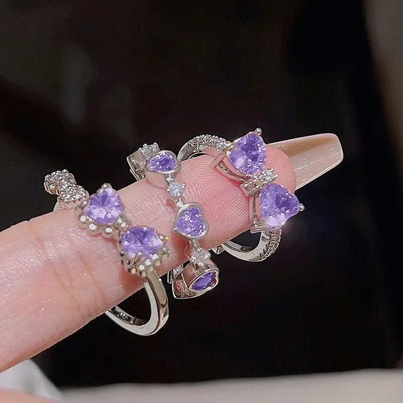 New Y2K Pink Crystal Irregular Heart Rings for Women Fashion Zircon Opening Finger Ring Sweet Girls Kpop Party Jewelry Gifts