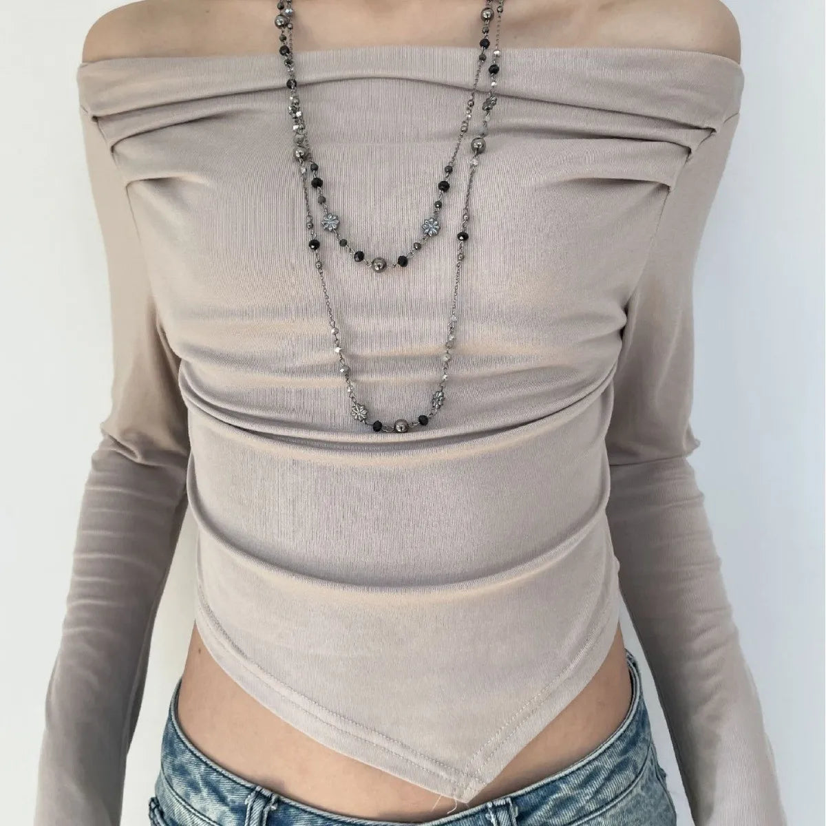 Vintage Fashion Double-layer Flower Necklace Long Stackable Sweater Chain Y2K Style Beaded Geometric Necklace