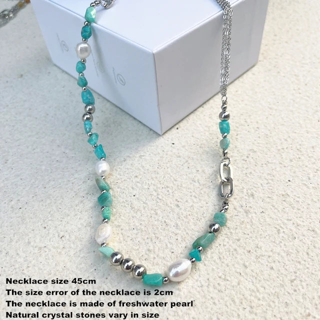 kshmir Natural stone blue crystal necklace baroque natural freshwater pearl niche design feeling fresh clavicle chain women