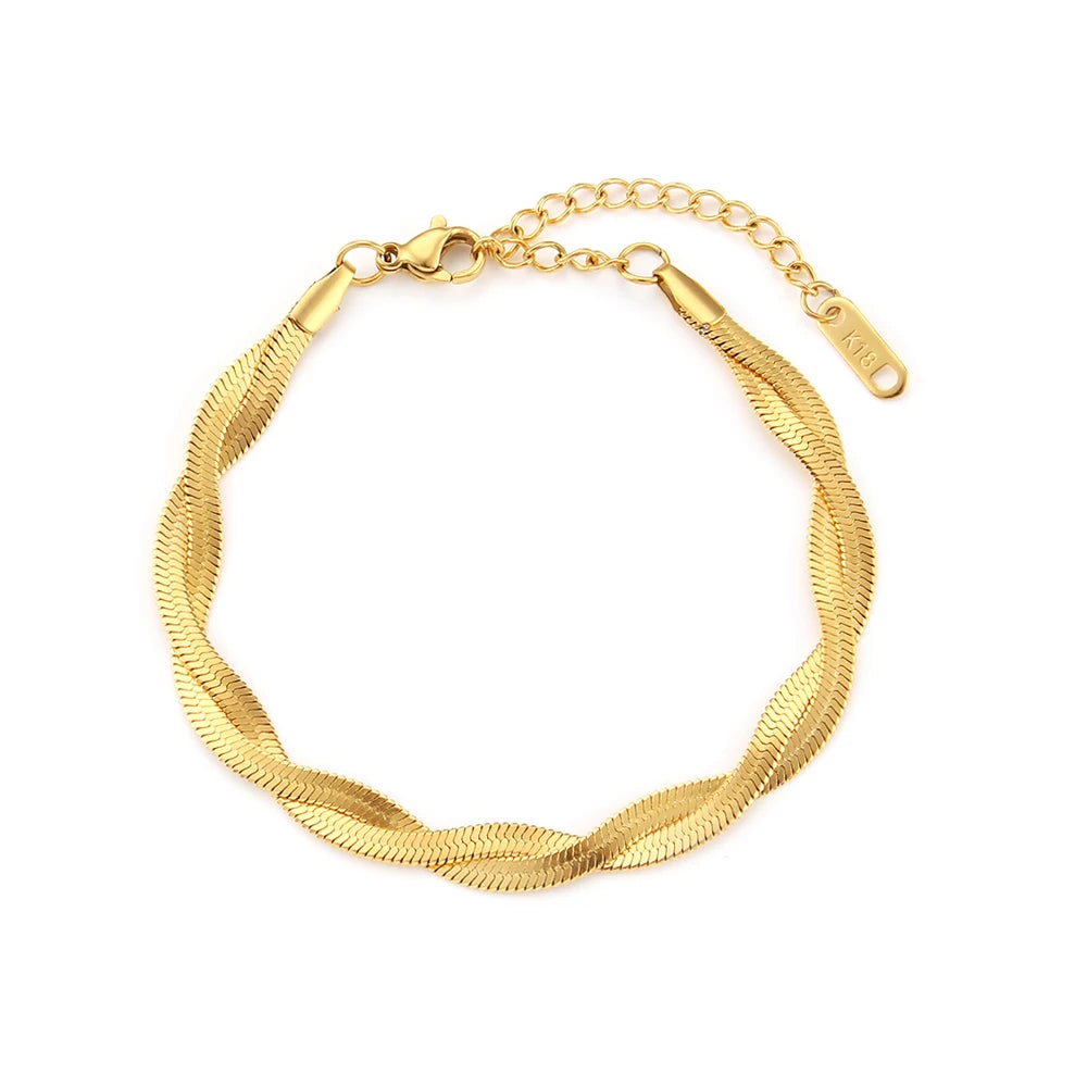 E.B.belle Gold Plated Waterproof Braided Herringbone Chain Necklace Bracelets Set Wholesale Stainless Steel Jewelry For Women