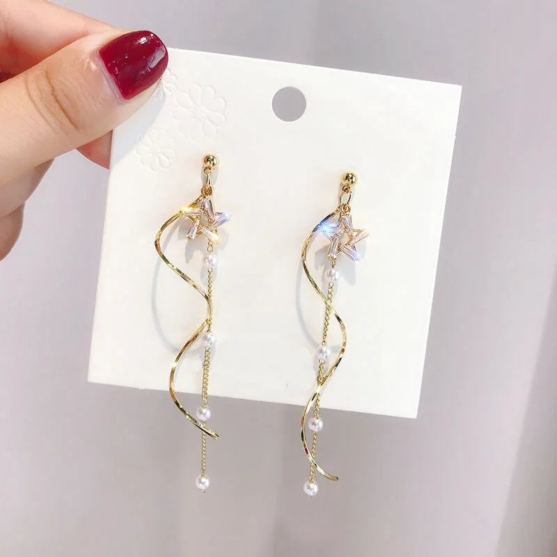 Temperament Crystal Star Tassel Drop Earrings For Women New Long Ear Line Bowknot Leaves Earrings Girls Wedding Party Jewelry