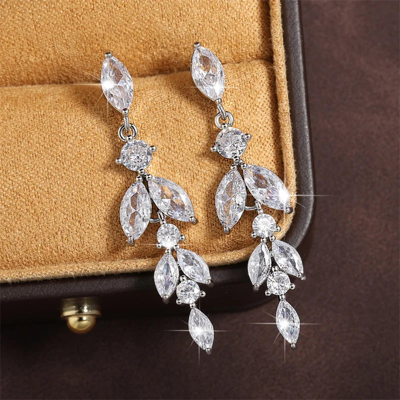 ZAKOL Fashion Leaf Zircon Wedding Earrings for Women White Gold Color Marquise Crystal Bridal Earring Party Jewelry Gift