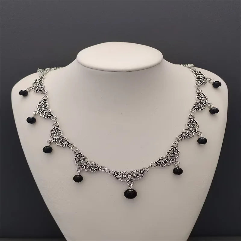 Black onyx necklace, gemstone, black, goth, gothic, victorian, witchy, wicca, pagan, medieval