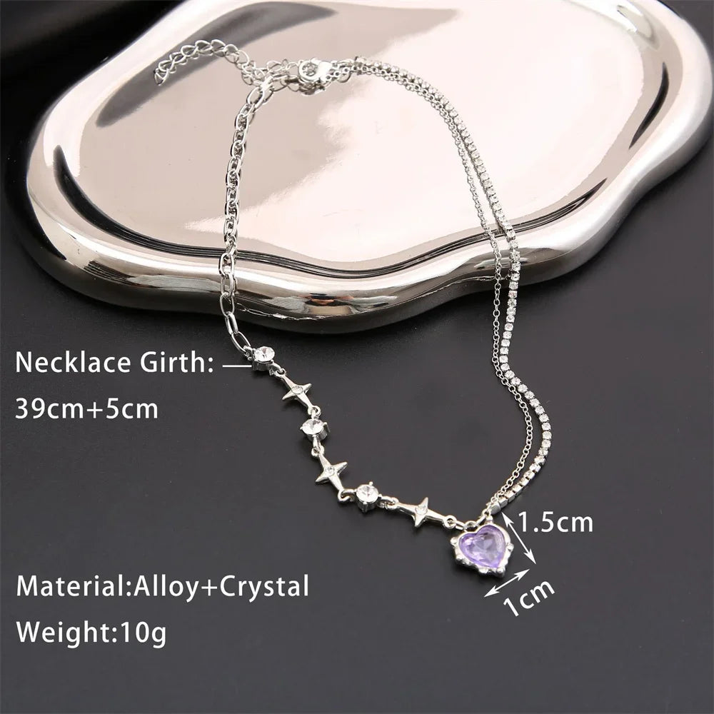 Y2k Heart Star Pendant Necklace Women's Fashion Cool Silver Color Chain Necklace Rhinestone Clavicle Chain Daily Jewlery Gifts
