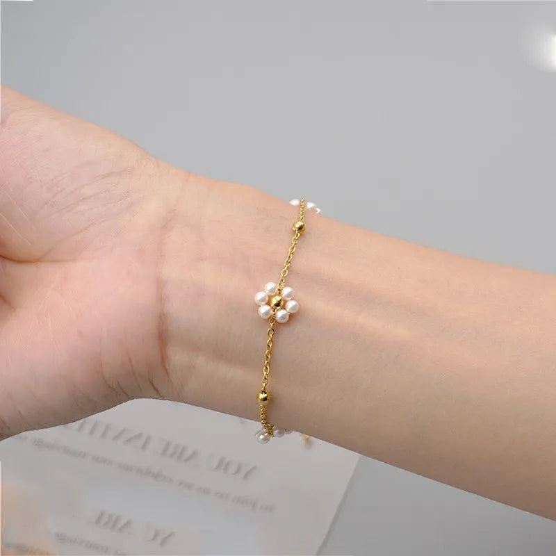 ANENJERY 316L Stainless Steel Imitation Pearl Flower Necklace Bracelet For Women Summer Simple Vintage Jewelry Set