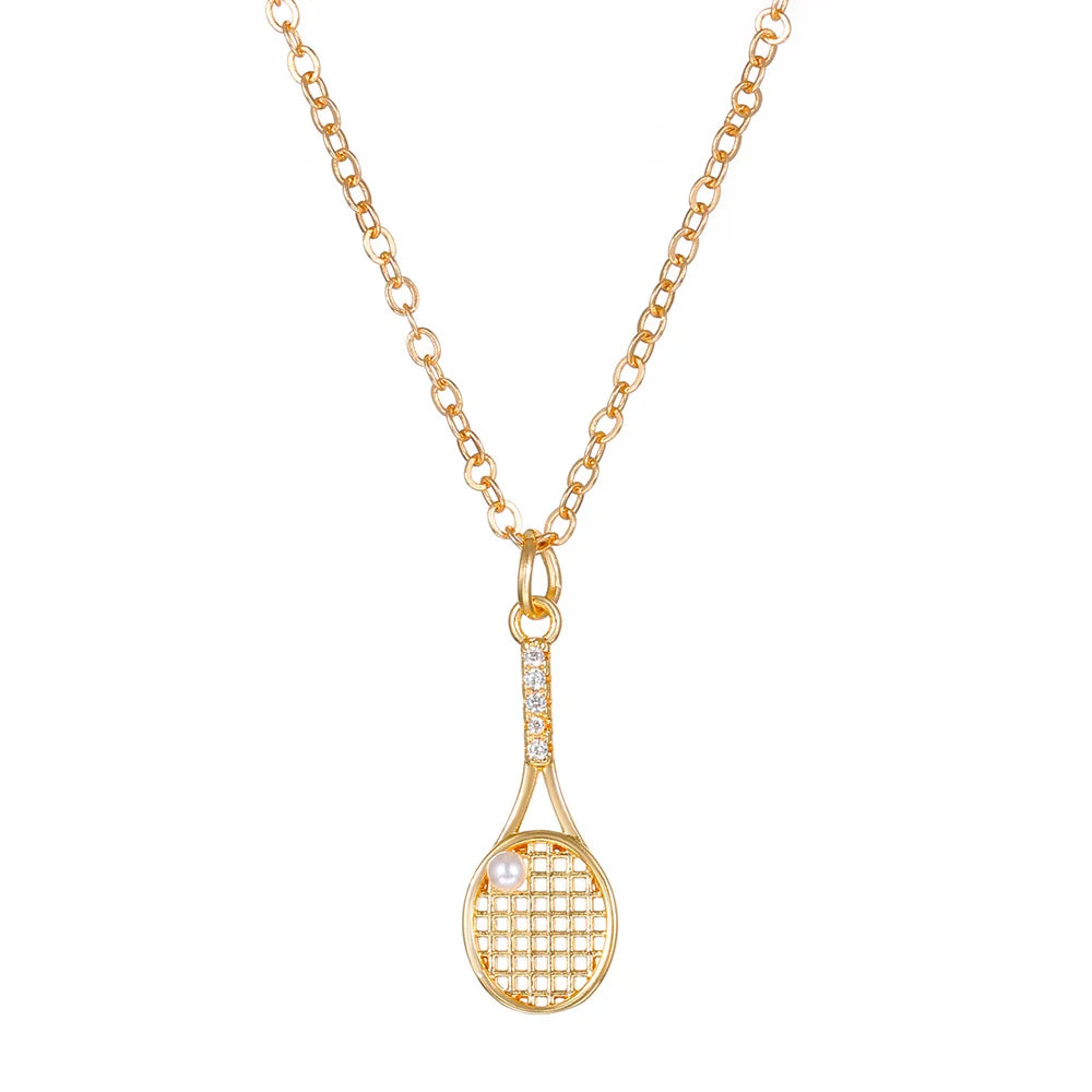 Trendy Tennis Racket Necklace for Women Girls Fashion Zircon Pearl Tennis Ball Pendant Clavicle Chain Jewelry Accessories Gifts
