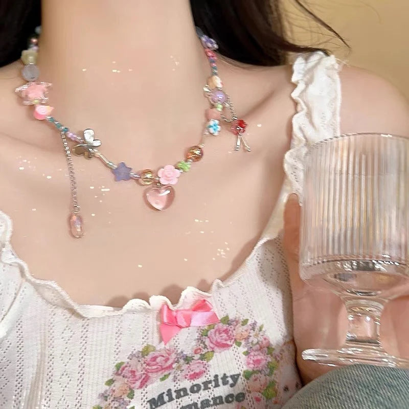 Y2K Candy Necklace Women Girls Sweet Cute Choker Colorful Hand-woven Beaded Short Clavicl Chain