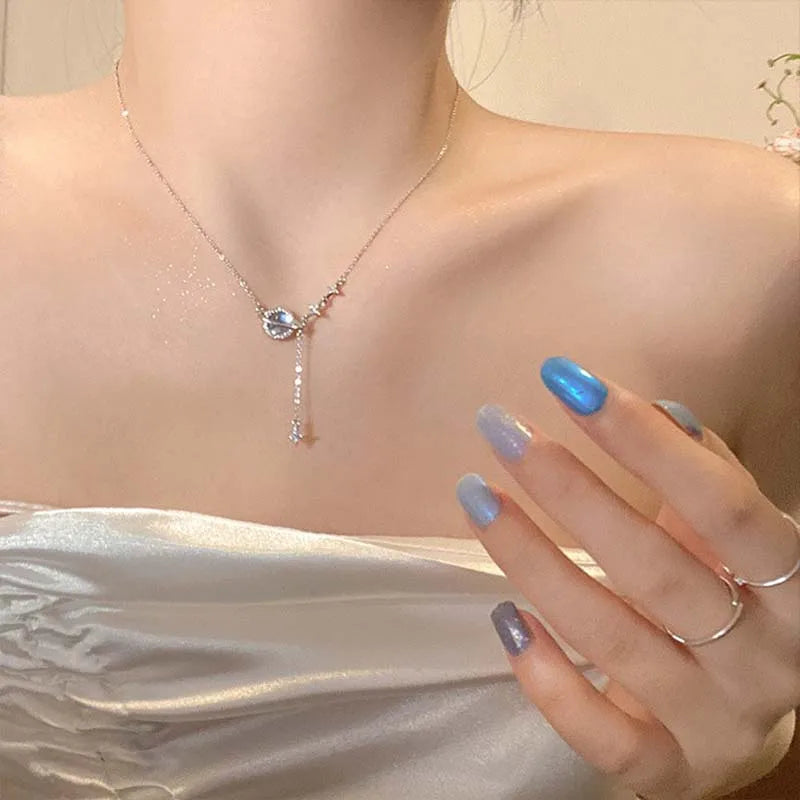 Y2K Shiny Star Necklace for Women Girls Silver Color Crystal Pendant Clavicle Chain Necklace Set Fashion New Trendy Party