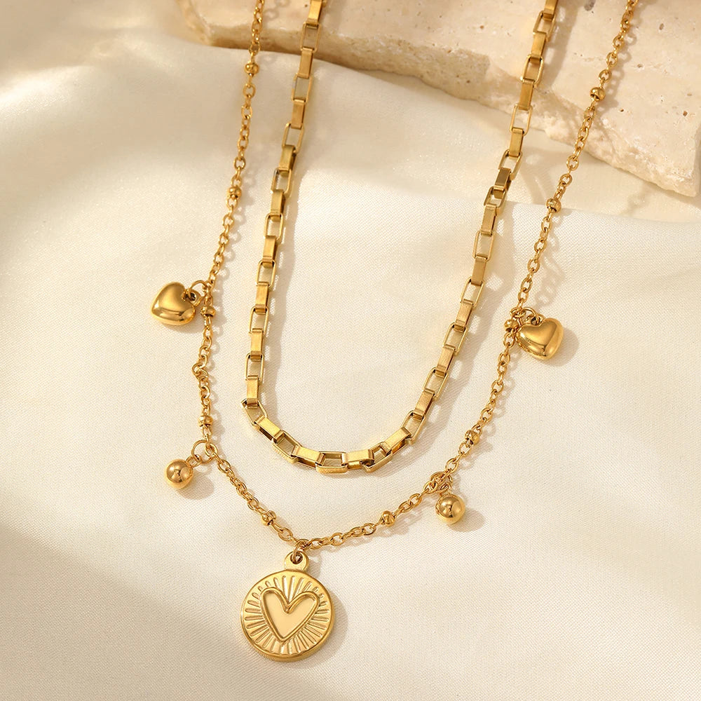 Stainless Steel Necklace Light Luxury Exquisite Peach Heart Double Layer Bone Chain Ladies Jewelry Birthday Anniversary Gift