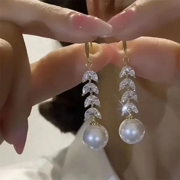 Korean Exquisite Imitation Pearl Tassel Drop Earring For Women Shiny  Zircon Flower Leaf Long Ear Line Geometric Earring Jewelry