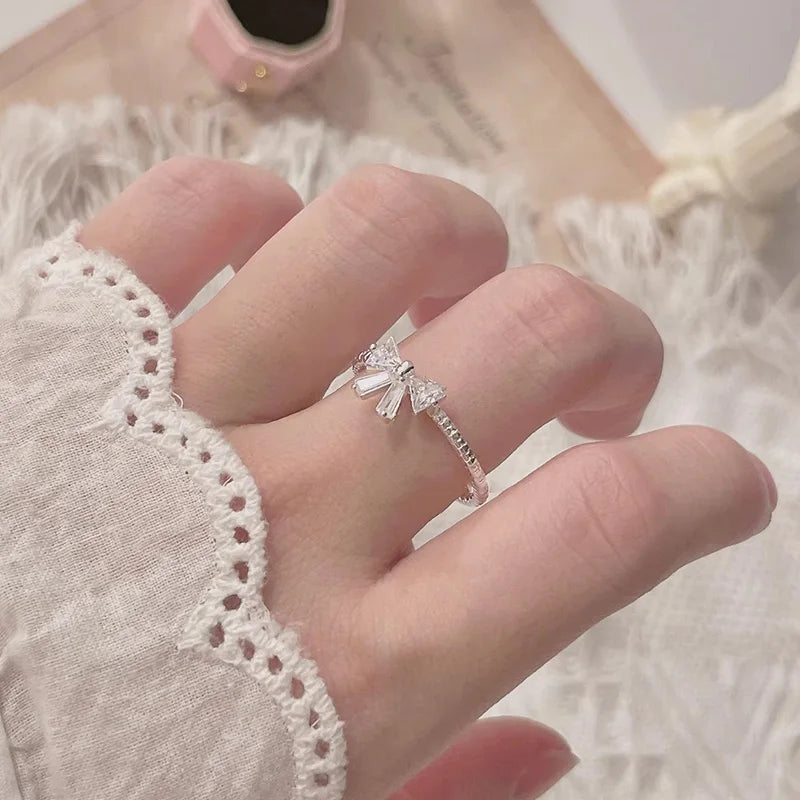 Y2K Sweet Bow Knot Zircon Ring Women Handmade Irregular Design Rings Girls Bow Openning Finger Ring Fashion Jewelry Friend Gifts