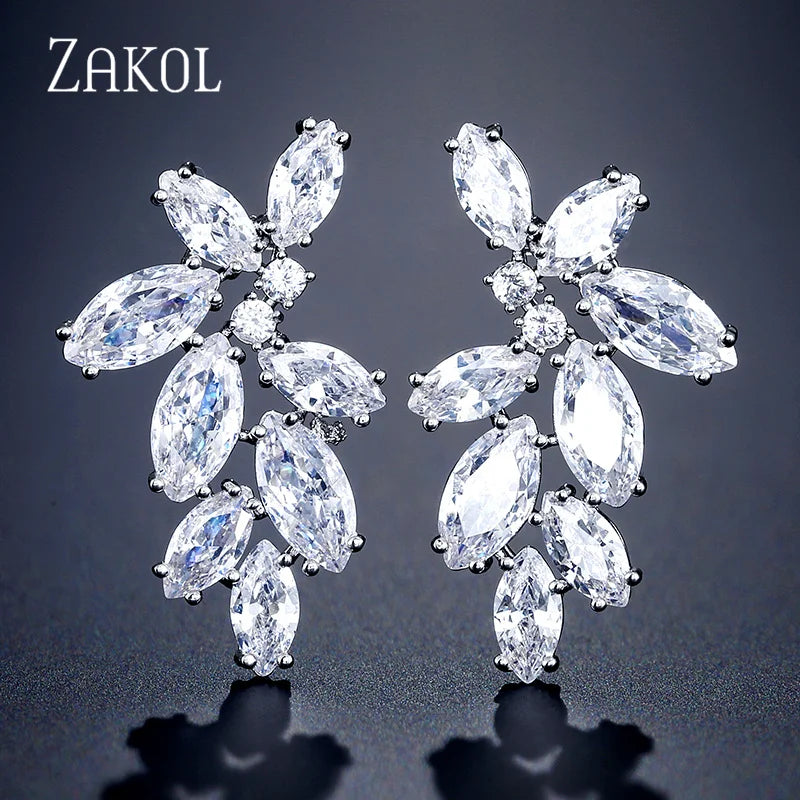 ZAKOL Fashion Leaf Zircon Wedding Earrings for Women White Gold Color Marquise Crystal Bridal Earring Party Jewelry Gift