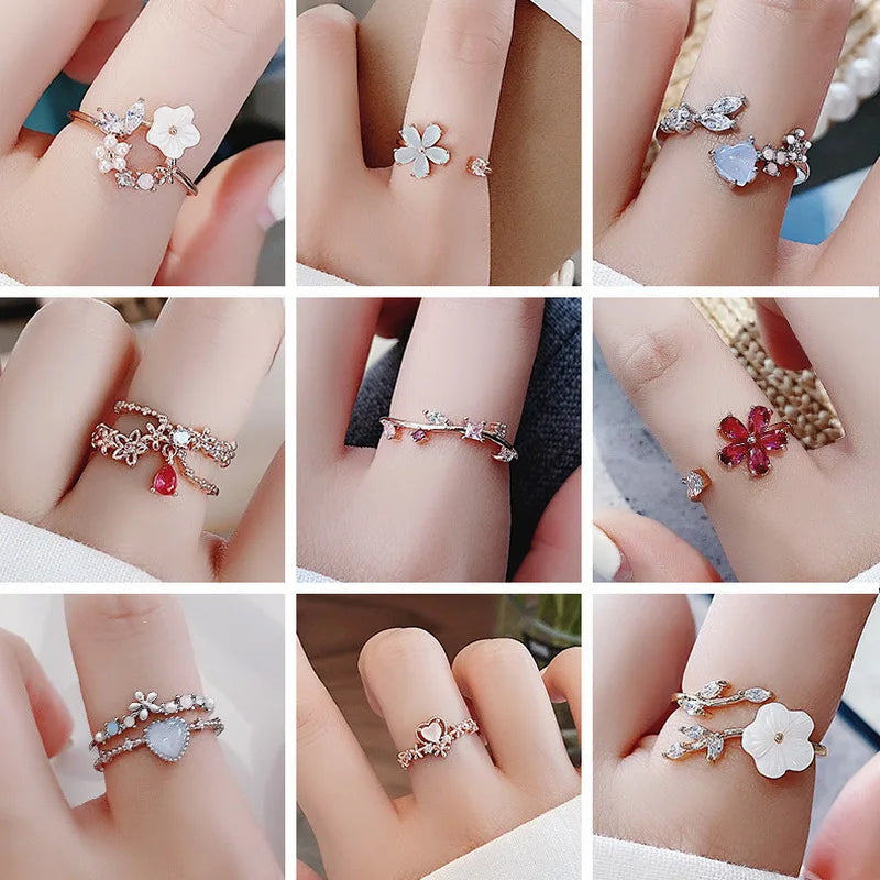Korean CZ Sweet Crystal Zircon Heart Ring For Women Exquisite Shell Flower Opening Finger Rings Girls Princess Wedding Jewelry