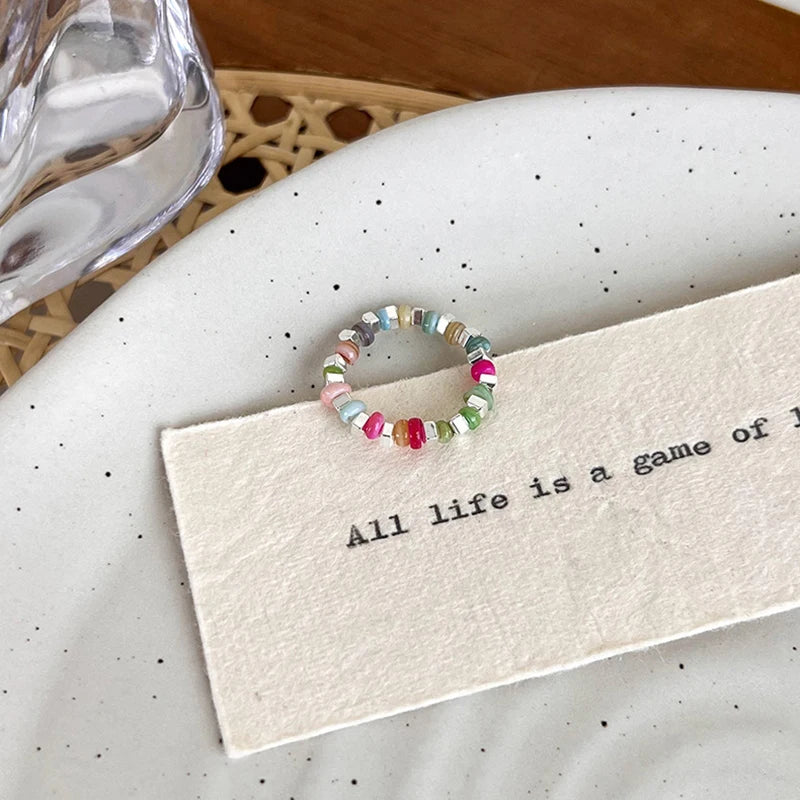 New Colorful Beaded Ring for Women Girls Sweet Personality Irregular Multi Beaded Rice Beads Geometry Metal Rings Jewelry Gifts
