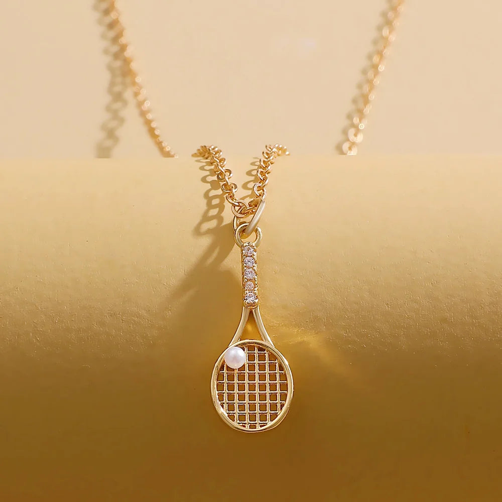 Trendy Tennis Racket Necklace for Women Girls Fashion Zircon Pearl Tennis Ball Pendant Clavicle Chain Jewelry Accessories Gifts