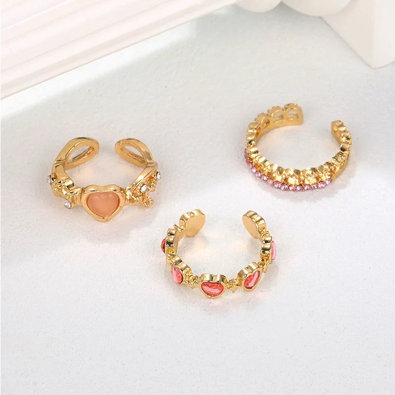 New Y2K Pink Crystal Irregular Heart Rings for Women Fashion Zircon Opening Finger Ring Sweet Girls Kpop Party Jewelry Gifts