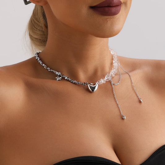 Y2K Irregular Stone Necklace For Women Beads Chain Heart Pendant Elegant Tassels Fashion Women's Jewelry Gift