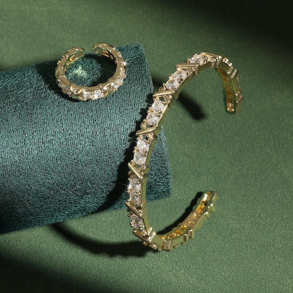 ZAKOL Fashion X Cross Zircon Bracelet Rings for Women Gorgeous Wedding Engagement Party Jewelry Set Factory Wholesale