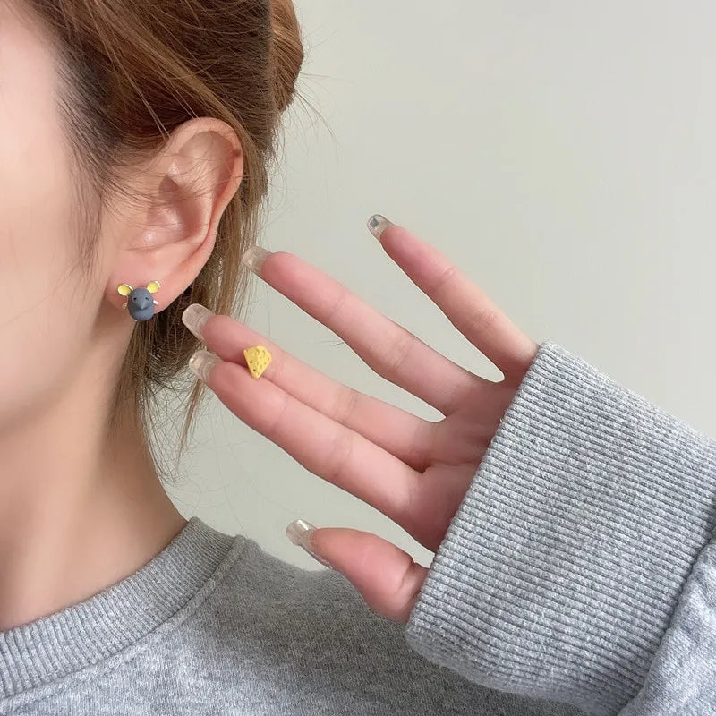 Kids Asymmetric Animal Cat Love Heart Earrings Lovely Grey Mouse&Cheese Rabbit&Flower Ear Stud Earrings Student Jewelry Gifts
