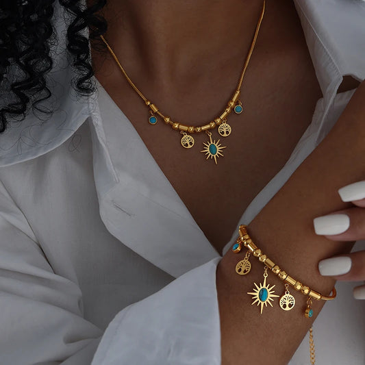 Fashion Stainless Steel Gilded Bracelet Necklace Set Woman 2 Pieces Luxury Bridal Wedding  Jewelry Accessories