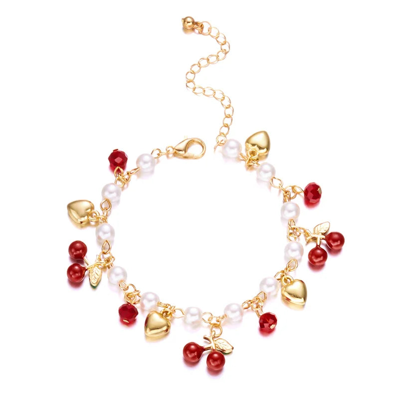Sweet Cute Red Strawberry Cherry Heart Pearl Charm Bracelet New Fashion Y2K Fruit Gold Color Chain Jewelry Party Gifts 2025