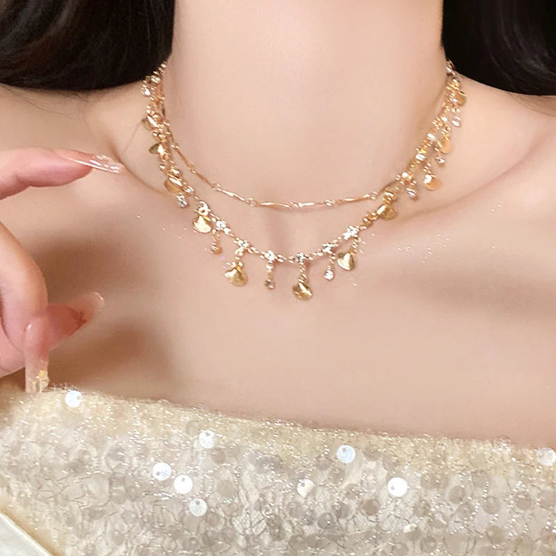 Boho Crystal Shell Pendant Necklace for Women Luxury Exquisite Double-Layer Butterfly Chain Jewelry Accessory Beach Party Gifts