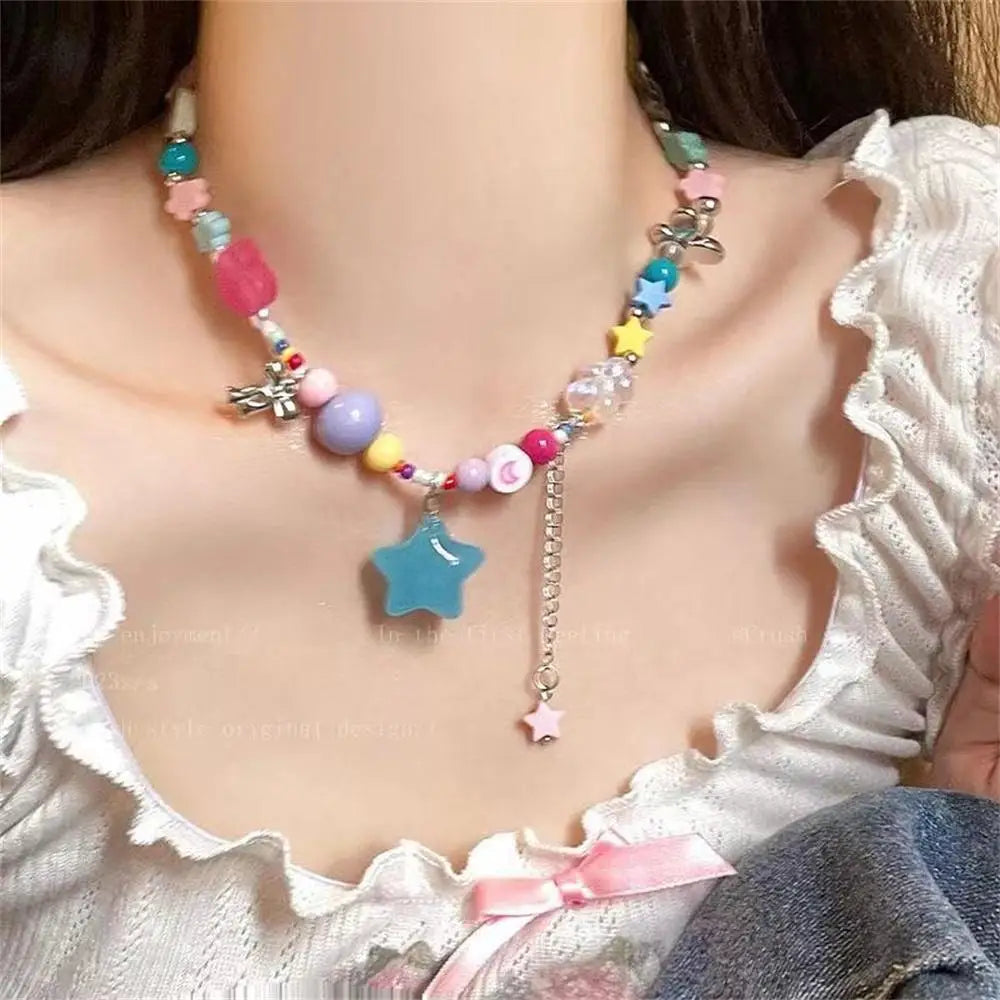Y2k Rainbow Candy Beaded Choker Necklace Women Boho Beads Cherry Pendant Necklaces Vintage Irregular Girl Necklace Jewelry Gifts