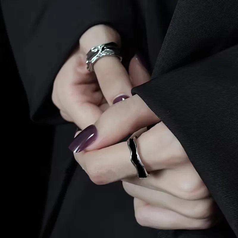Y2K Black Drip Oil Adjustable Ring Men Irregular Geometry Punk Vintage Rings Set for Women Girls Fashion Jewelry Gifts