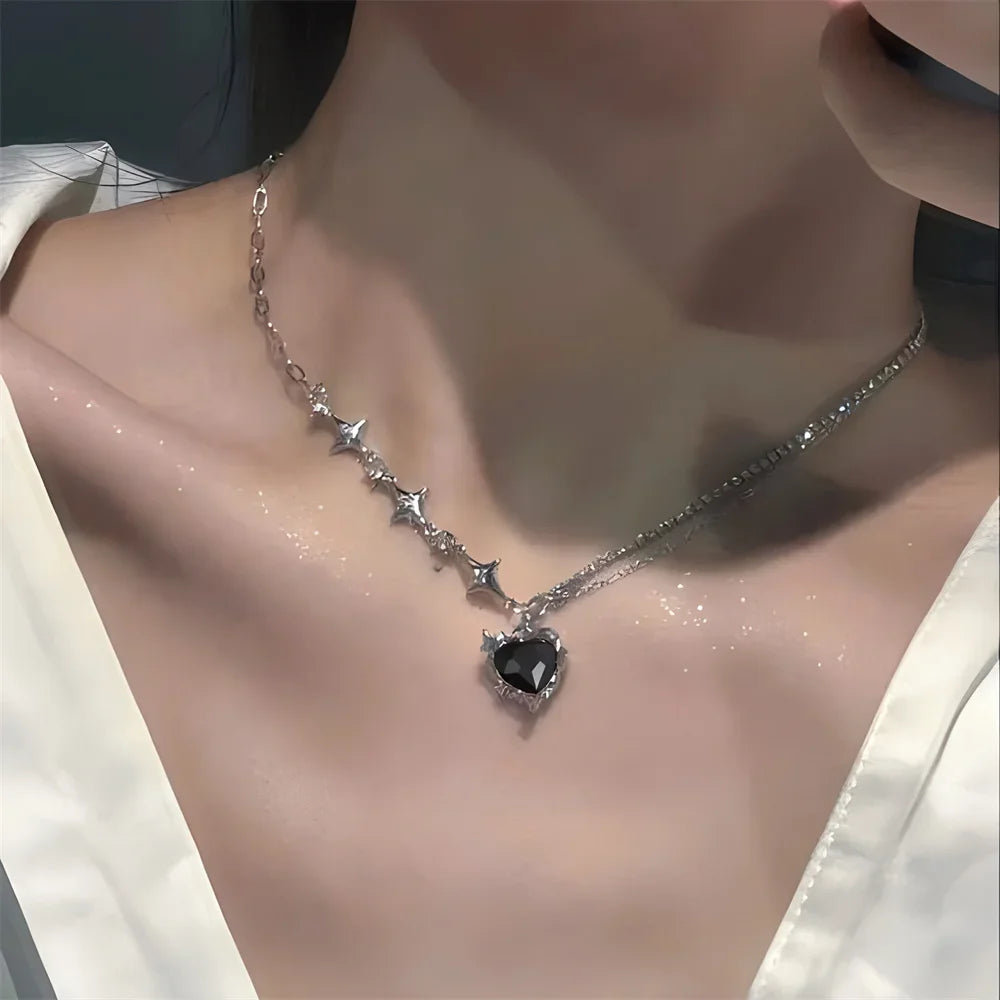 Y2k Heart Star Pendant Necklace Women's Fashion Cool Silver Color Chain Necklace Rhinestone Clavicle Chain Daily Jewlery Gifts