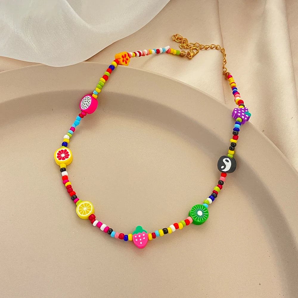 Y2K Flowers Charms Pearl Choker Necklace For Women Boho Colorful Beaded Clavicle Chain Short Necklaces Jewelry Gift 2024