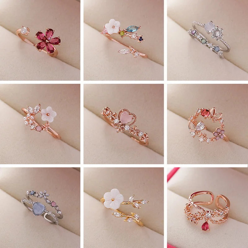 Korean CZ Sweet Crystal Zircon Heart Ring For Women Exquisite Shell Flower Opening Finger Rings Girls Princess Wedding Jewelry