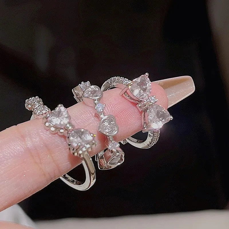 New Y2K Pink Crystal Irregular Heart Rings for Women Fashion Zircon Opening Finger Ring Sweet Girls Kpop Party Jewelry Gifts