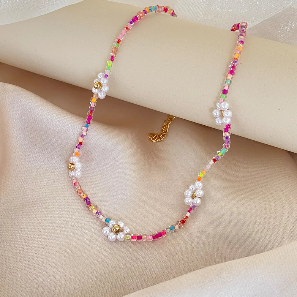 Y2K Flowers Charms Pearl Choker Necklace For Women Boho Colorful Beaded Clavicle Chain Short Necklaces Jewelry Gift 2024