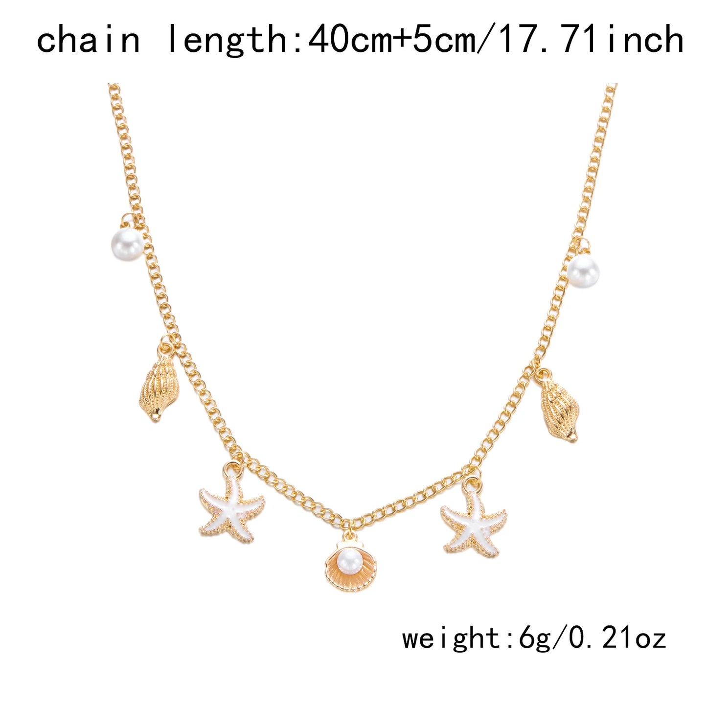 Bohemian Starfish Shell Conch Turtle Pendant Necklace for Women Imitation Pearl Charm Chain Necklace Beach Jewelry Vacation Gift