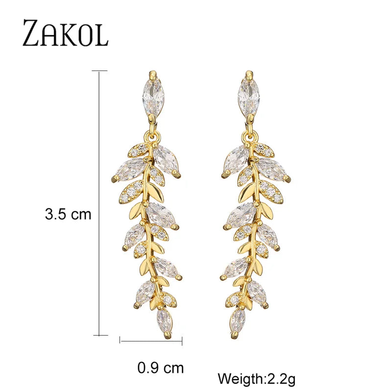 ZAKOL Fashion Leaf Zircon Wedding Earrings for Women White Gold Color Marquise Crystal Bridal Earring Party Jewelry Gift